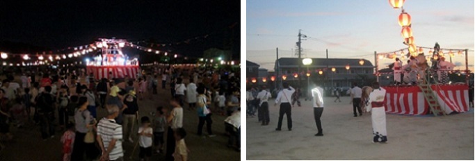 写真：盆踊りの全体写真と踊る区長