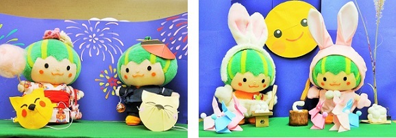 写真：8月の花火にゆかたかぼっちと9月のお月見かぼっち