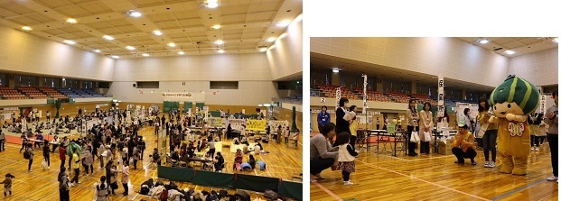 写真：会場全体の様子とかぼっちと親子の触れ合いの様子です