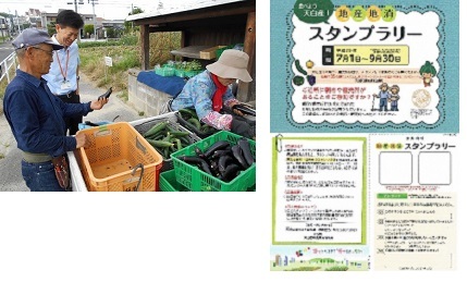 写真：朝市に出かけた区長の様子とスタンプラリーの用紙