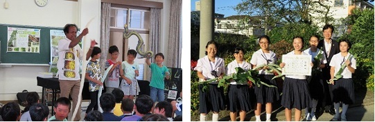 写真：小学校で授業をするクマーラ教授と表彰された中学生たち