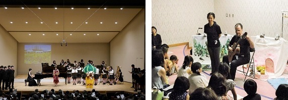 写真：舞台で合唱をしている出演者の様子と図書館でギターのコンサートの様子