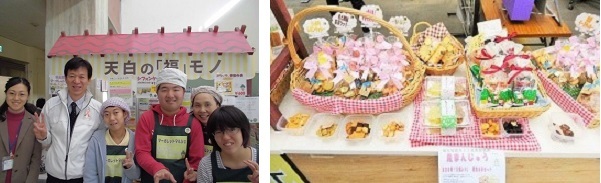 写真：マーガレットマルシェの前で区長と障害者のみなさんと授産製品のクッキーなど