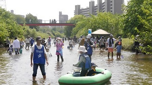 写真:ボートに乗りながら天白川にいる生き物を探している様子