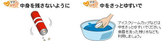 イラスト:中身を残さないように。中をさっとゆすいで。アイスクリームカップなどは中をさっとゆすいでください。食器を洗った残り水なども利用しましょう。