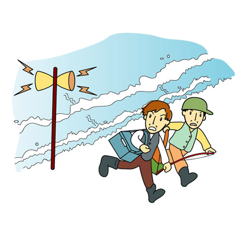 サイレンを聞いて避難しているイラスト