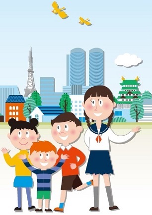 子どもたちと名古屋の街並みのイラスト