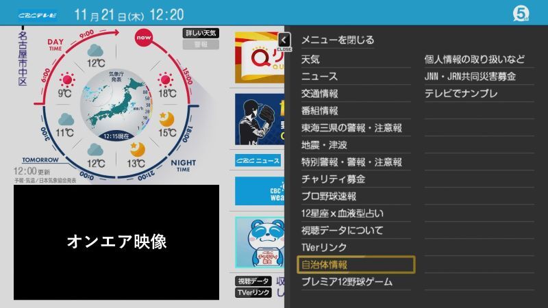 写真：dボタンを押した後に表示されるCBCテレビの画面上で、自治体情報の場所を記載しています。