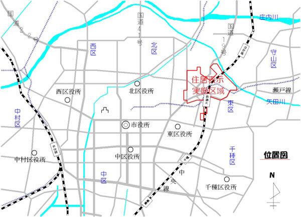 地図:名古屋市の北半分の図の中で大曽根地区を表示した広域図