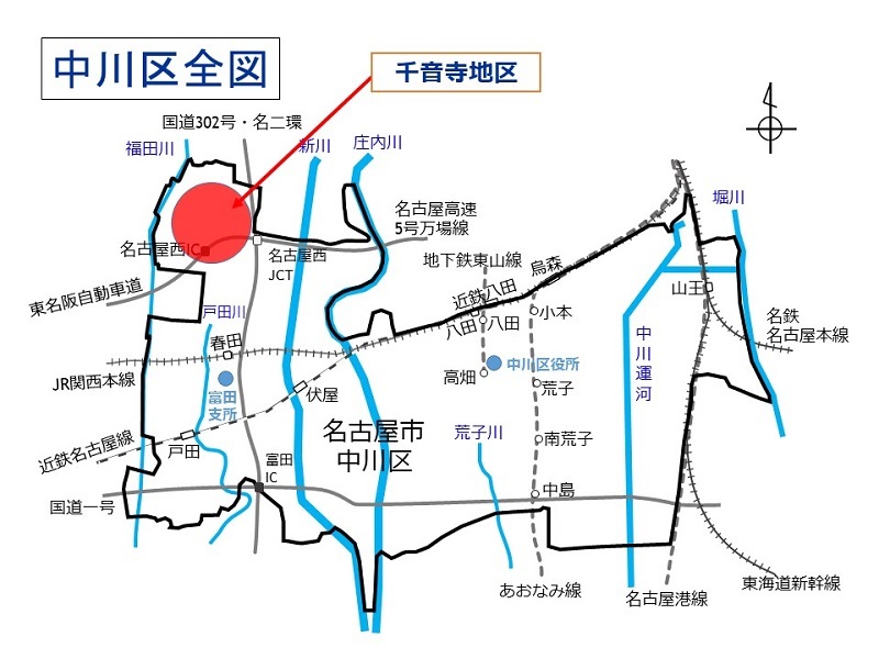 地図:千音寺第一地区の位置を表示する図(中川区)