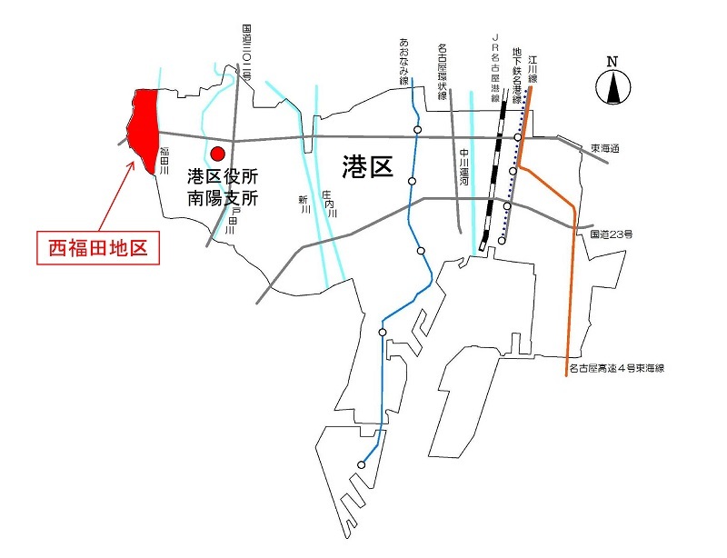 地図:西福田地区の位置を表示する図(港区)