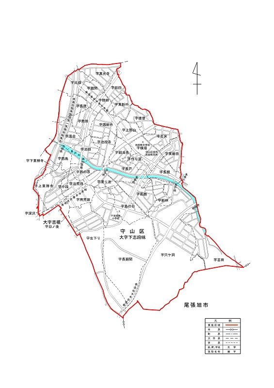 地図:下志段味地区の実施前の町名・町界図