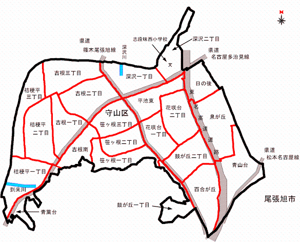 地図:守山区吉根地区の実施後の町名・町界図