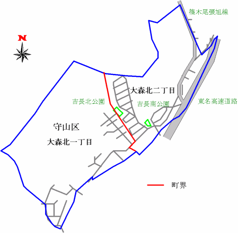 地図:大森北二地区の実施後の町名・町界図