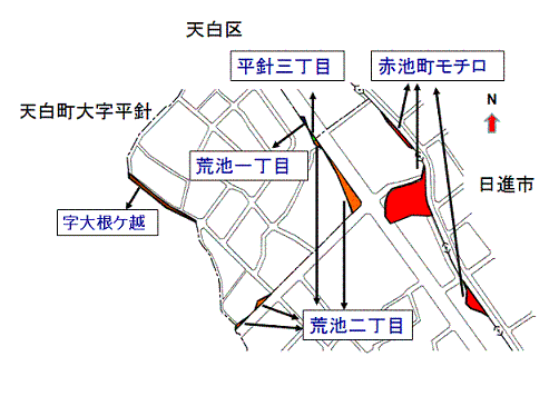 地図:荒池北地区の実施前の町字図