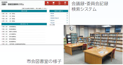 会議録・委員会記録検索システムの画面と市会図書室の写真