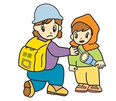 イラスト:防災頭巾をかぶった母親と幼児