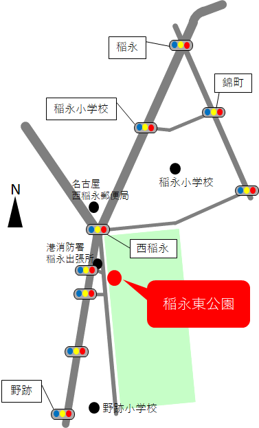 地図：稲永東公園の会場は、港消防署稲永出張所の東にあります