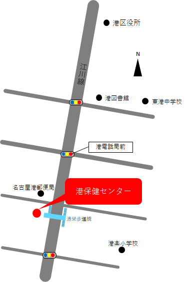 地図：港保健センターは、港郵便局の南にあります