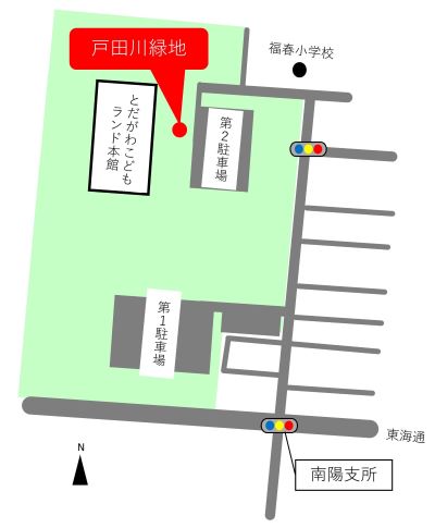 地図：戸田川緑地の会場は、第2駐車場の西側にあります