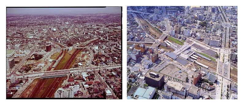 金山駅付近写真(左:昭和44年、右:平成元年)