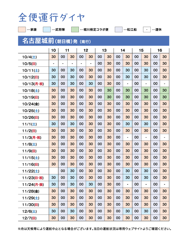 写真：運行ダイヤ　名古屋城前（朝日橋）