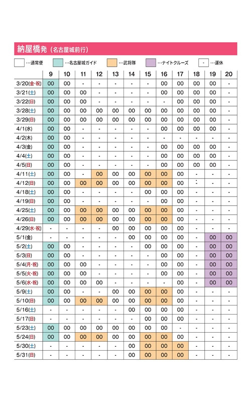 写真：運行ダイヤ　納屋橋発