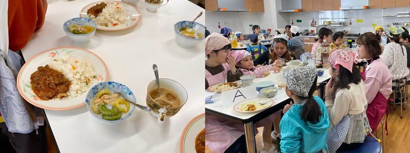 写真:できあがった料理と食事の様子