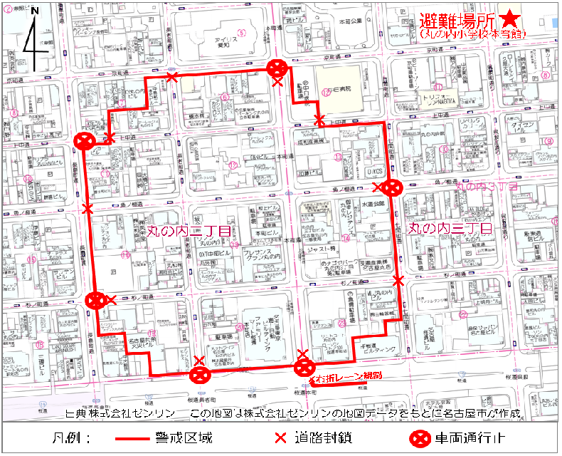 地図:警戒区域境界の道路封鎖箇所を×印で表示