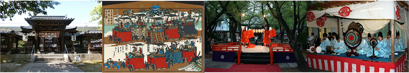 左から東照宮本殿、名古屋祭の図、舞楽、雅楽の写真