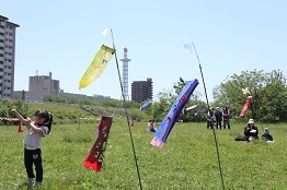 こいのぼり飾りつけの様子の写真