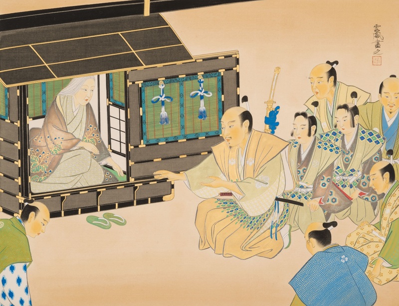 絵：長浜城に呼び寄せた母(後の大政所)を迎える秀吉の様子を想像して描いたもの。作者は名古屋の日本画家。