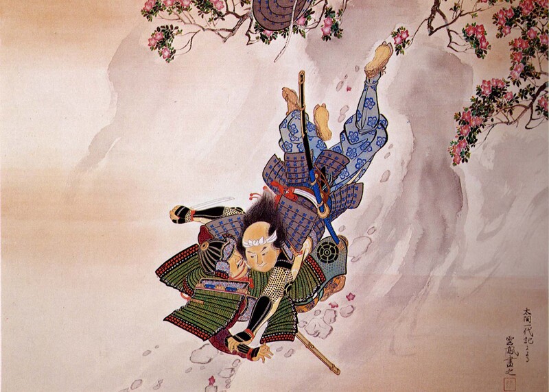 絵：「秀吉と清正の絵物語」で描かれた賤ヶ岳合戦の様子　少年清正が崖から転落しつつも敵の武将を討ち取った様子を想像して描いたもの。