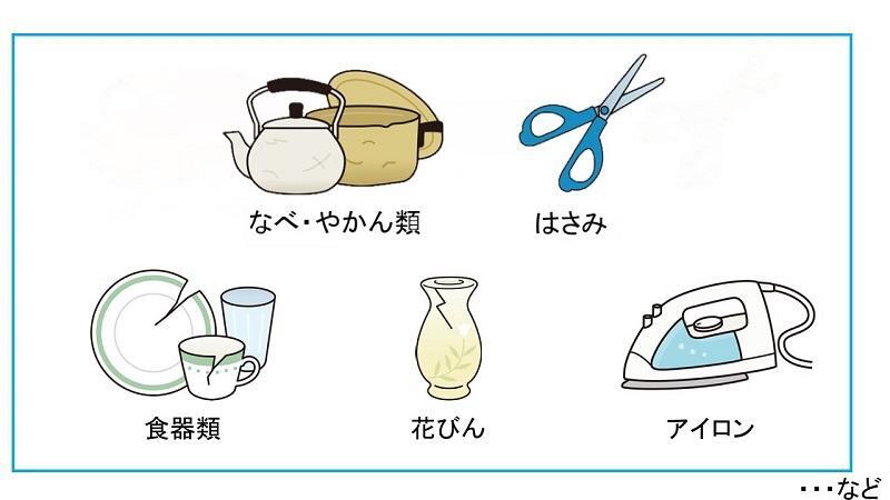 イラスト：対象となるもの一例。なべ・やかん類、はさみ、かさ、電話、アイロン、ドライヤー、食器類、花びん、電球、…など。