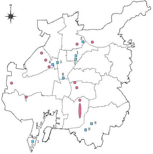 地図：行政が主体となって進める開発整備地区等図です。四角印は行政が主体となって進める開発整備地区を、丸印は主な木造住宅密集地域を示しています。