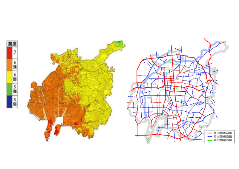 地図:南海トラフ大地震の被害想定震度分布、緊急輸送道路網図