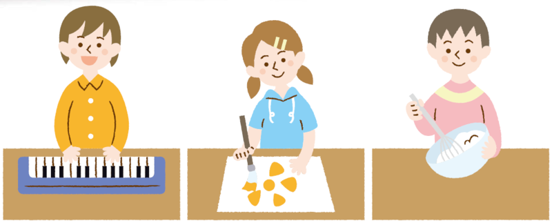 イラスト:楽器を弾く子ども・絵を描く子ども・料理をする子ども
