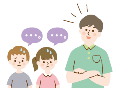 イラスト:大人の話を不満そうに聞いている子どもたち