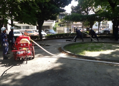 写真:放水の様子です 2023年7月23日 亀島消防団