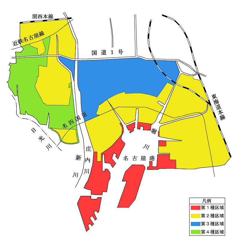 イラスト:(1)熱田区のうち、一般国道1号以南で、堀川以西の区域。(2)中川区のうち、一般国道1号以南で、庄内川以東の区域及び関西本線以南で、庄内川以西の区域。(3)港区全域。(4)南区のうち、東海道本線以西の区域。