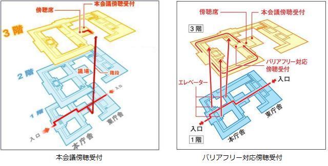イラスト:本会議傍聴時の傍聴受付及びバリアフリー対応傍聴受付のフロアマップです。左が傍聴受付、右がバリアフリー対応傍聴受付のマップです。