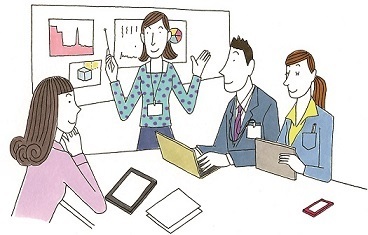 女性が会議で発表する様子のイラスト