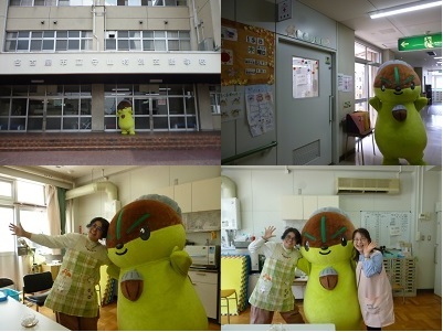 守山特別支援学校の「元気にあいさつしよう!」に参加するモリスちゃんの写真