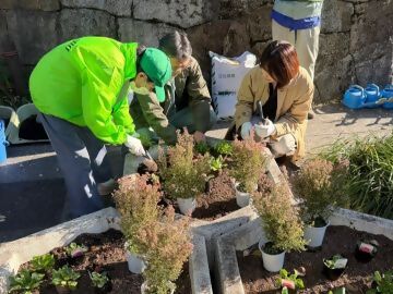 写真:地域の方が花を植えている様子