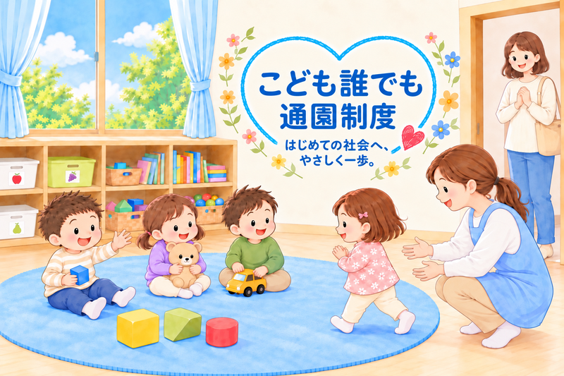 イラスト：こども誰でも通園制度　はじめての社会へ、やさしく一歩。