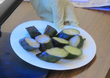 鶏肉を切った後に調理器具を洗わずにキュウリを切り、二次汚染が起こることを表した実験の写真です。