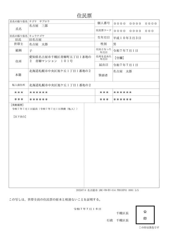写真:住民票の写し(個人票)