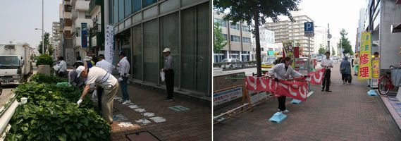 千種区クリーンキャンペーンの写真、路上違反広告物の除去作業の様子の写真