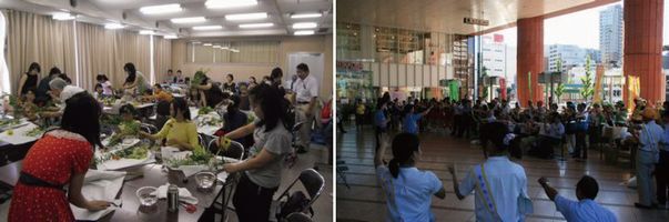 こどもいけばな体験教室の写真、夏の青少年をまもる運動街頭キャンペーンの様子の写真