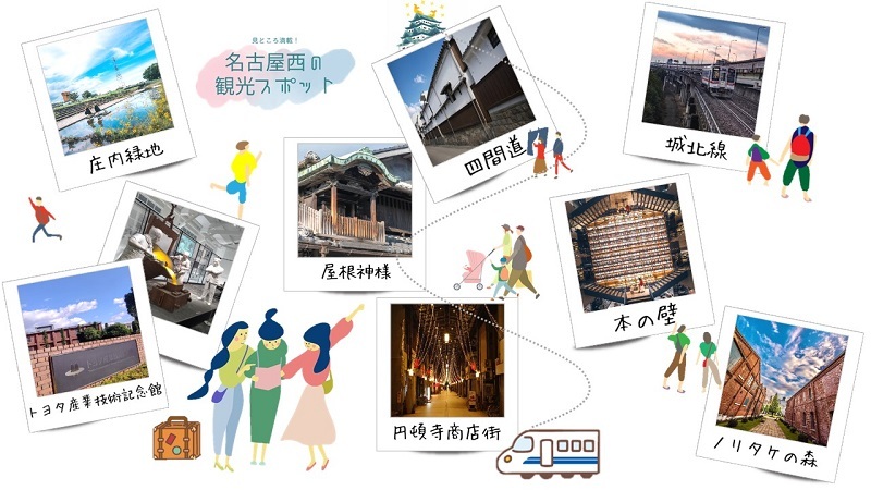 四間道・ノリタケの森・庄内緑地・屋根神・城北線・円頓寺商店街の写真とイラスト